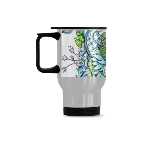 Blue Green flower drawing peaceful garden 2 Travel Mug (Silver) (14 Oz)