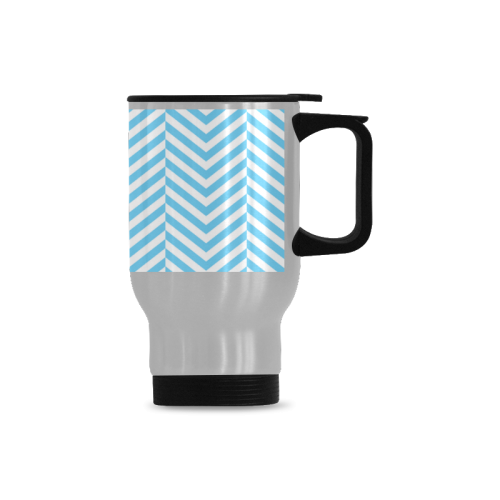 bright blue and white classic chevron pattern Travel Mug (Silver) (14 Oz)
