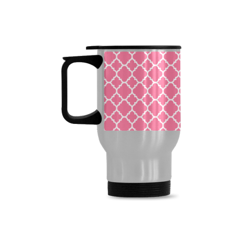 pink white quatrefoil classic pattern Travel Mug (Silver) (14 Oz)