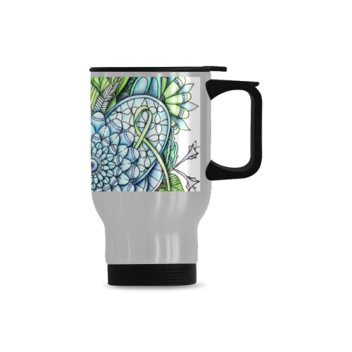 Blue Green flower drawing peaceful garden 2 Travel Mug (Silver) (14 Oz)