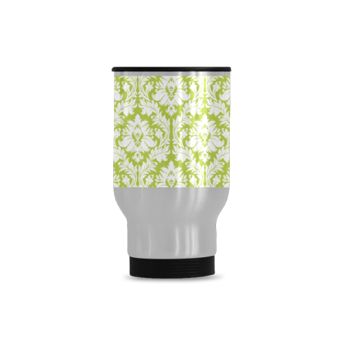 damask pattern spring green and white Travel Mug (Silver) (14 Oz)