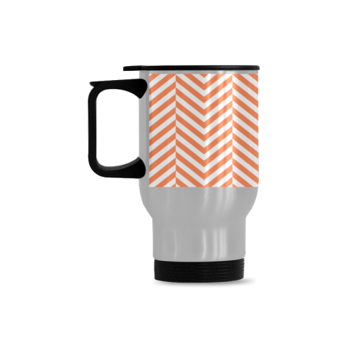 orange and white classic chevron pattern Travel Mug (Silver) (14 Oz)