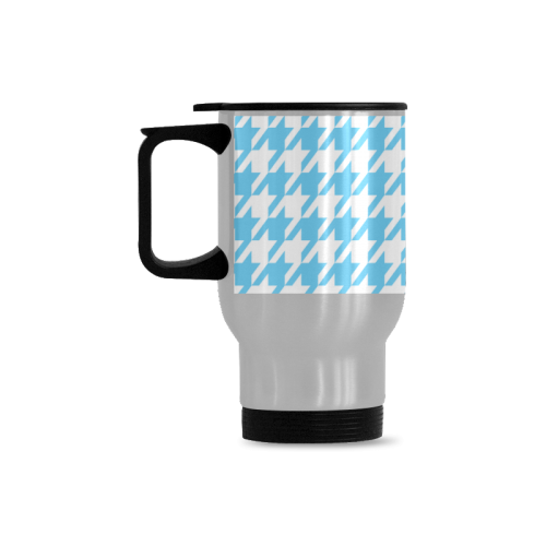 bright blue and white houndstooth classic pattern Travel Mug (Silver) (14 Oz)