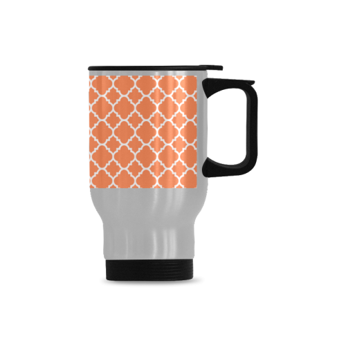 orange white quatrefoil classic pattern Travel Mug (Silver) (14 Oz)