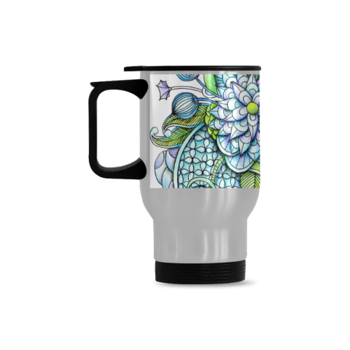 Blue green flower drawing Peaceful Garden Travel Mug (Silver) (14 Oz)