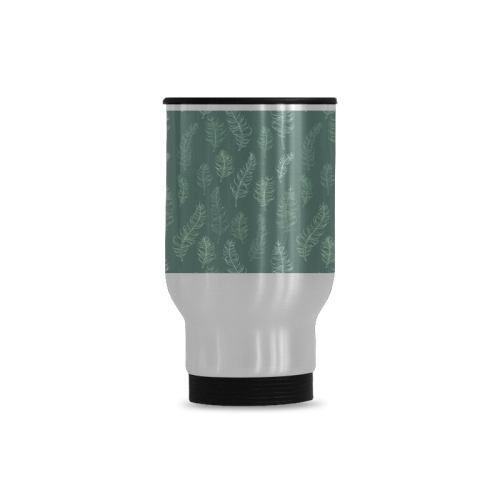 green whimsical feather leaves pattern Travel Mug (Silver) (14 Oz)