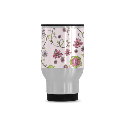 pink fantasy doodle flower pattern Travel Mug (Silver) (14 Oz)