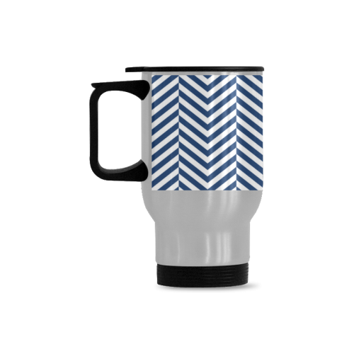 dark blue and white classic chevron pattern Travel Mug (Silver) (14 Oz)