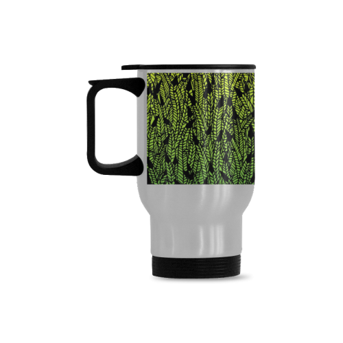 yellow green ombre feathers pattern black Travel Mug (Silver) (14 Oz)