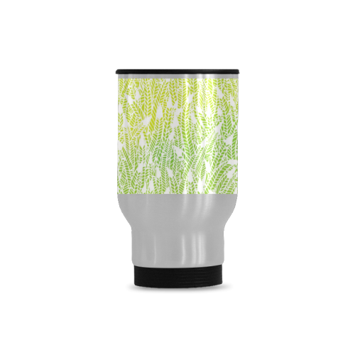 yellow green white feather pattern Travel Mug (Silver) (14 Oz)