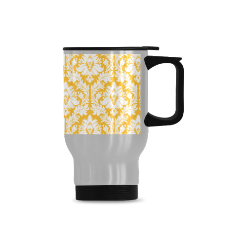 damask pattern sunny yellow and white Travel Mug (Silver) (14 Oz)