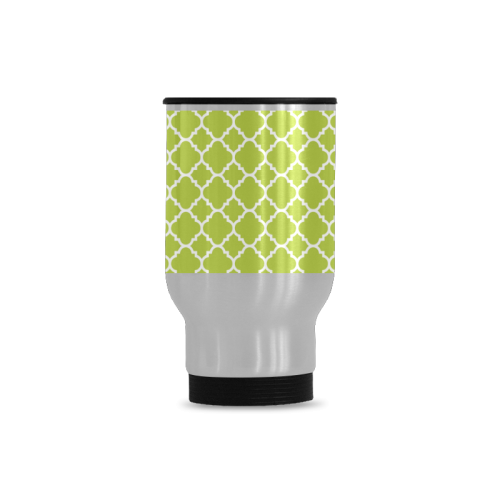 spring green white quatrefoil classic pattern Travel Mug (Silver) (14 Oz)