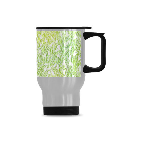 yellow green white feather pattern Travel Mug (Silver) (14 Oz)