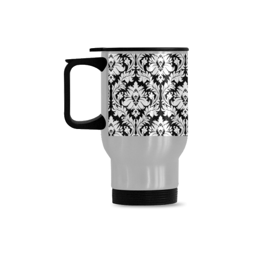 damask pattern black and white Travel Mug (Silver) (14 Oz)