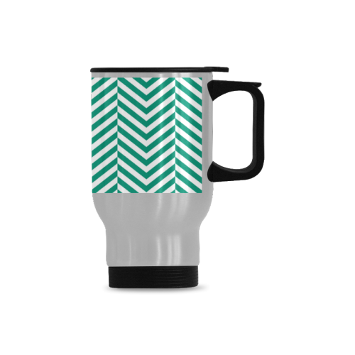 emerald green and white classic chevron pattern Travel Mug (Silver) (14 Oz)