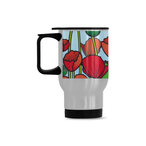 field of poppy flowers red floral Travel Mug (Silver) (14 Oz)