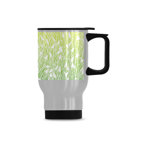 yellow green ombre feathers pattern white Travel Mug (Silver) (14 Oz)