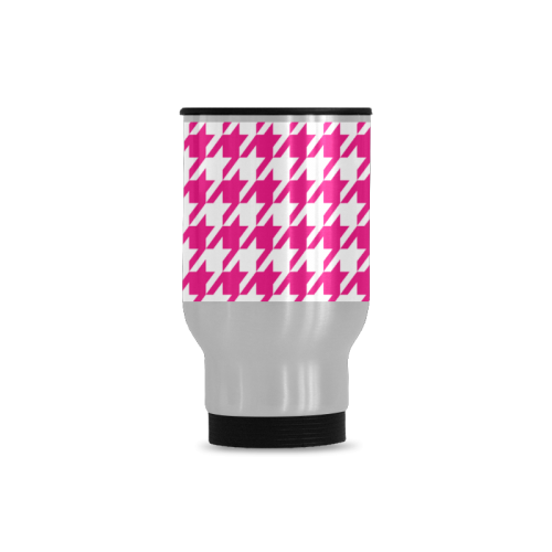 hot pink  and white houndstooth classic pattern Travel Mug (Silver) (14 Oz)