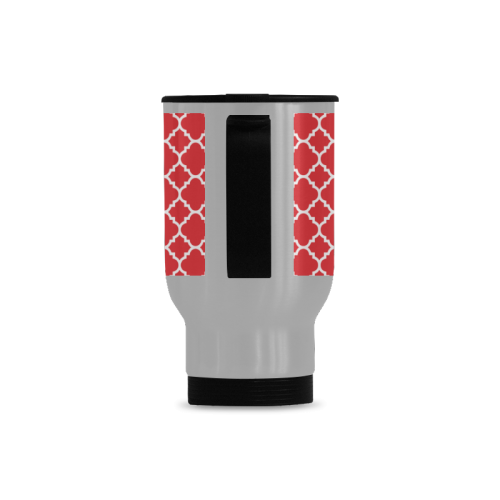 red white quatrefoil classic pattern Travel Mug (Silver) (14 Oz)