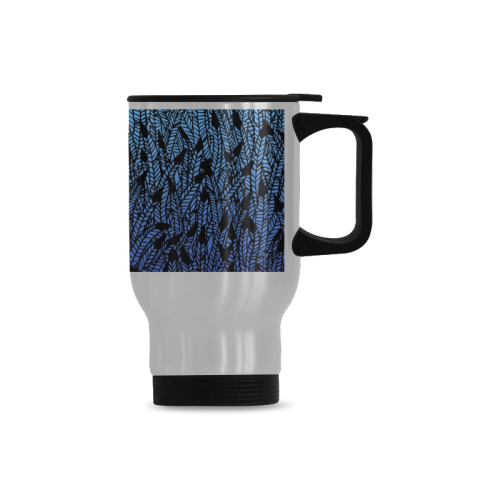 blue ombre black feather pattern Travel Mug (Silver) (14 Oz)