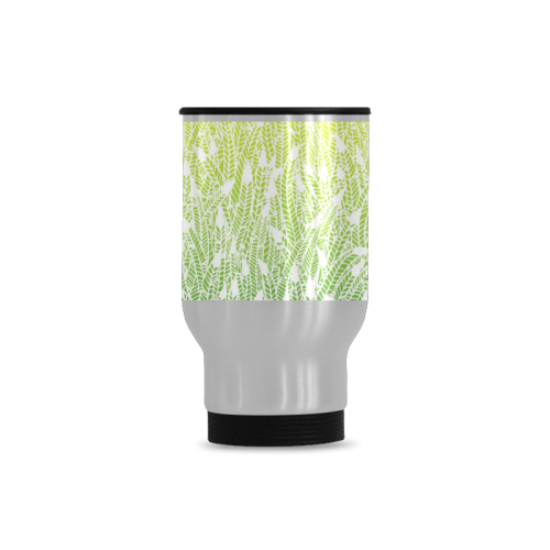 yellow green ombre feathers pattern white Travel Mug (Silver) (14 Oz)