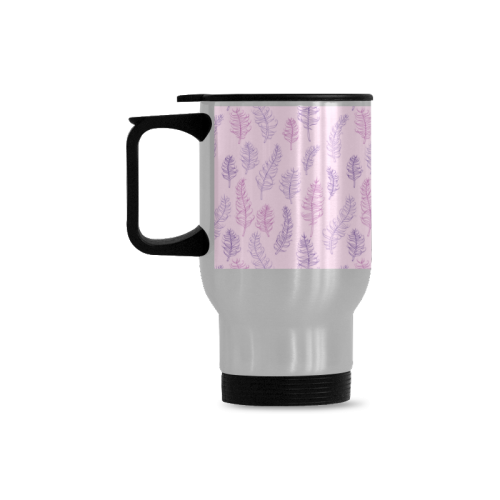 pink purple feather leaves pattern whimsical Travel Mug (Silver) (14 Oz)