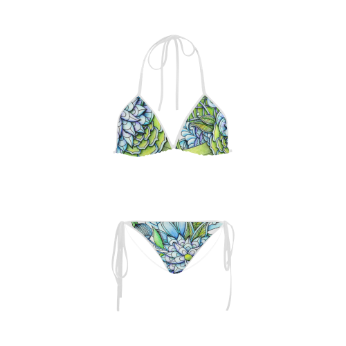 Blue green flower drawing Peaceful Garden Custom Bikini Swimsuit