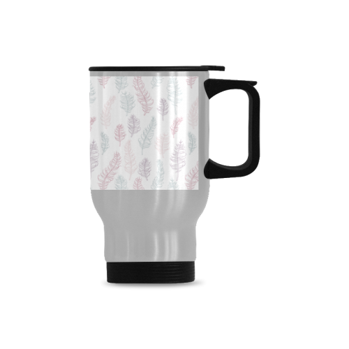 soft pink blue whimsical feather leaves pattern Travel Mug (Silver) (14 Oz)