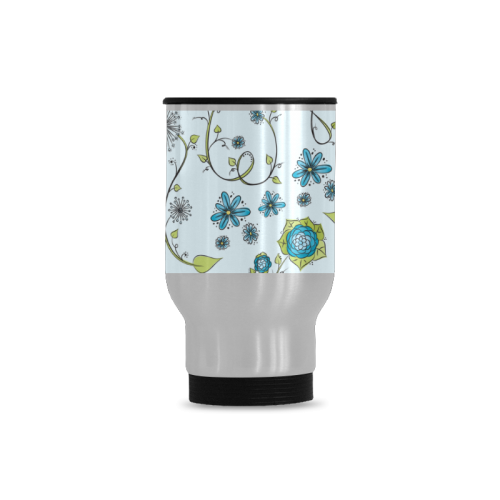 blue fantasy doodle flower pattern Travel Mug (Silver) (14 Oz)