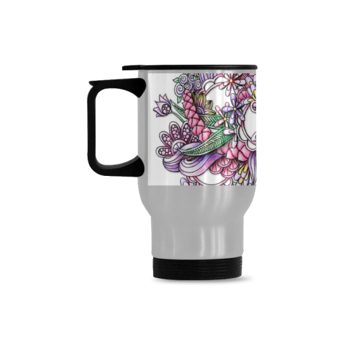 Pink Purple flower drawing Travel Mug (Silver) (14 Oz)