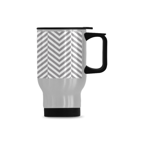 grey and white classic chevron pattern Travel Mug (Silver) (14 Oz)