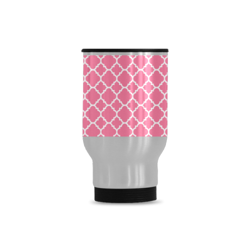 pink white quatrefoil classic pattern Travel Mug (Silver) (14 Oz)