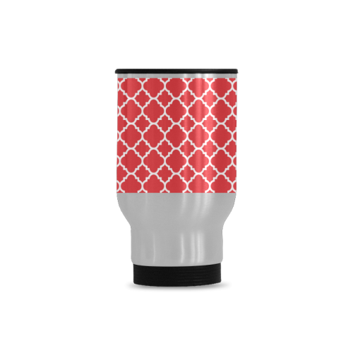 red white quatrefoil classic pattern Travel Mug (Silver) (14 Oz)