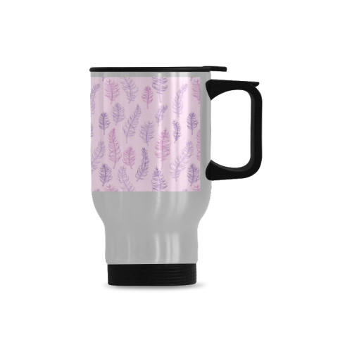 pink purple feather leaves pattern whimsical Travel Mug (Silver) (14 Oz)