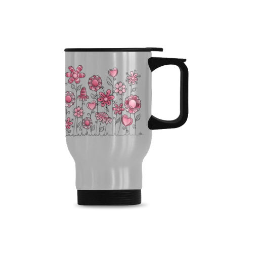 pink doodle flower field Travel Mug (Silver) (14 Oz)