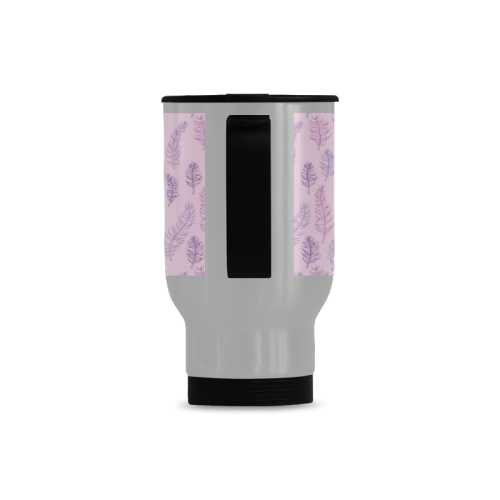 pink purple feather leaves pattern whimsical Travel Mug (Silver) (14 Oz)