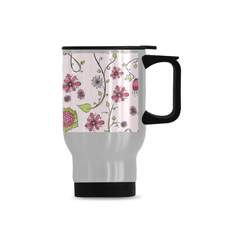 pink fantasy doodle flower pattern Travel Mug (Silver) (14 Oz)