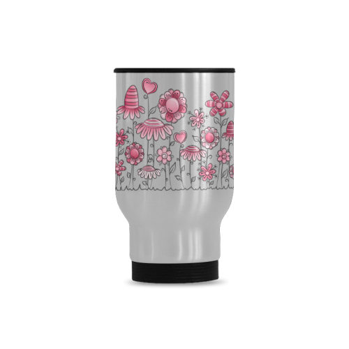 pink doodle flower field Travel Mug (Silver) (14 Oz)