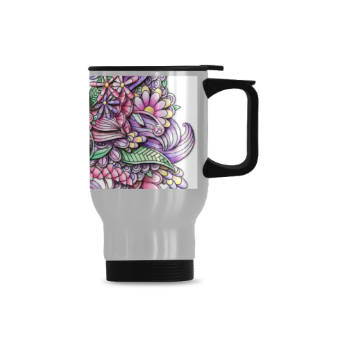 Pink Purple flower drawing Travel Mug (Silver) (14 Oz)