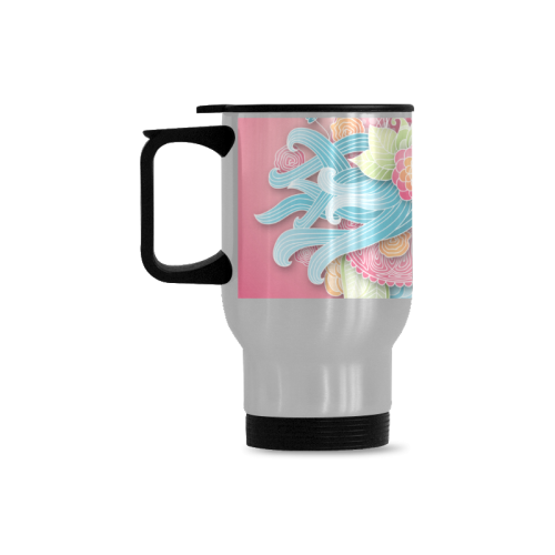 bright blue green pink yellow flowers Travel Mug (Silver) (14 Oz)