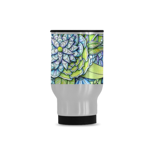 Blue green flower drawing Peaceful Garden Travel Mug (Silver) (14 Oz)