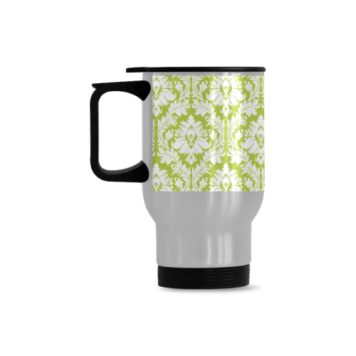 damask pattern spring green and white Travel Mug (Silver) (14 Oz)