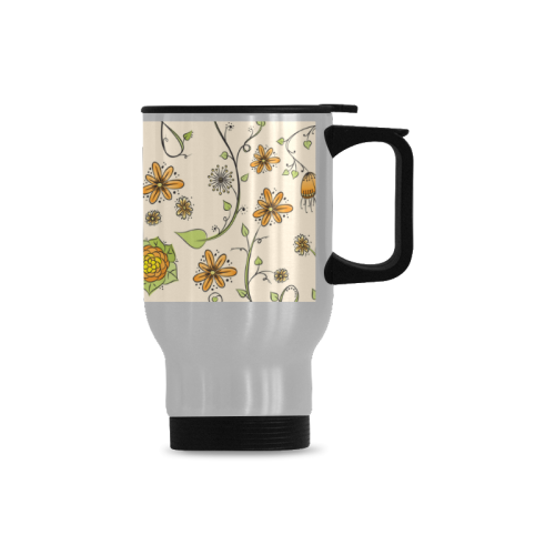 yellow orange fantasy doodle flower pattern Travel Mug (Silver) (14 Oz)