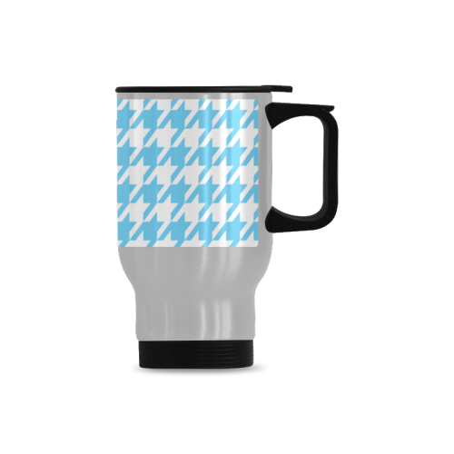 bright blue and white houndstooth classic pattern Travel Mug (Silver) (14 Oz)