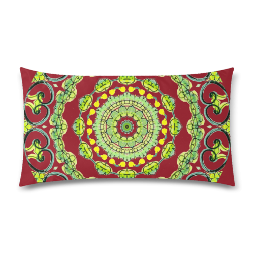 Green Lace Flowers, Leaves Mandala Design Maroon Rectangle Pillow Case 20"x36"(Twin Sides)