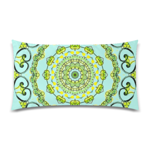 Green Lace Flowers, Leaves Mandala Design Teal Rectangle Pillow Case 20"x36"(Twin Sides)