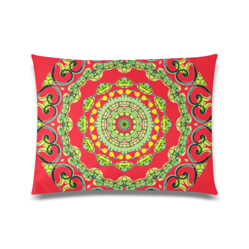 Green Lace Flowers, Leaves Mandala Design Fire Red Custom Zippered Pillow Case 20"x26"(Twin Sides)