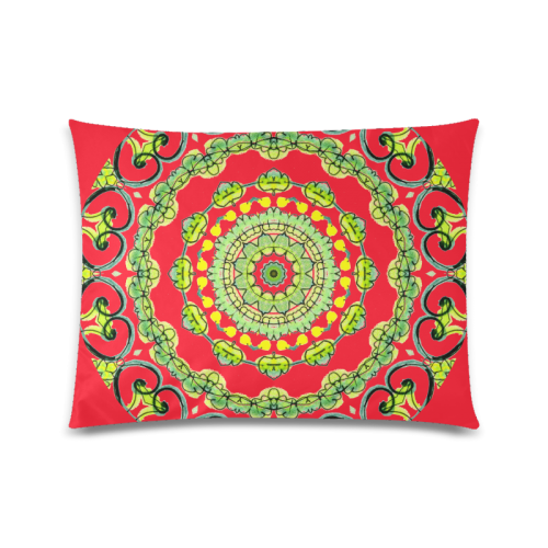 Green Lace Flowers, Leaves Mandala Design Fire Red Custom Zippered Pillow Case 20"x26"(Twin Sides)