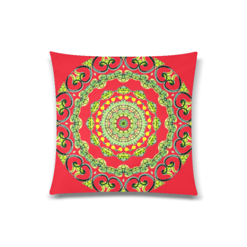 Green Lace Flowers, Leaves Mandala Design Fire Red Custom Zippered Pillow Case 20"x20"(Twin Sides)