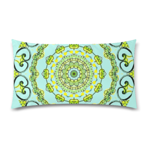 Green Lace Flowers, Leaves Mandala Design Teal Rectangle Pillow Case 20"x36"(Twin Sides)